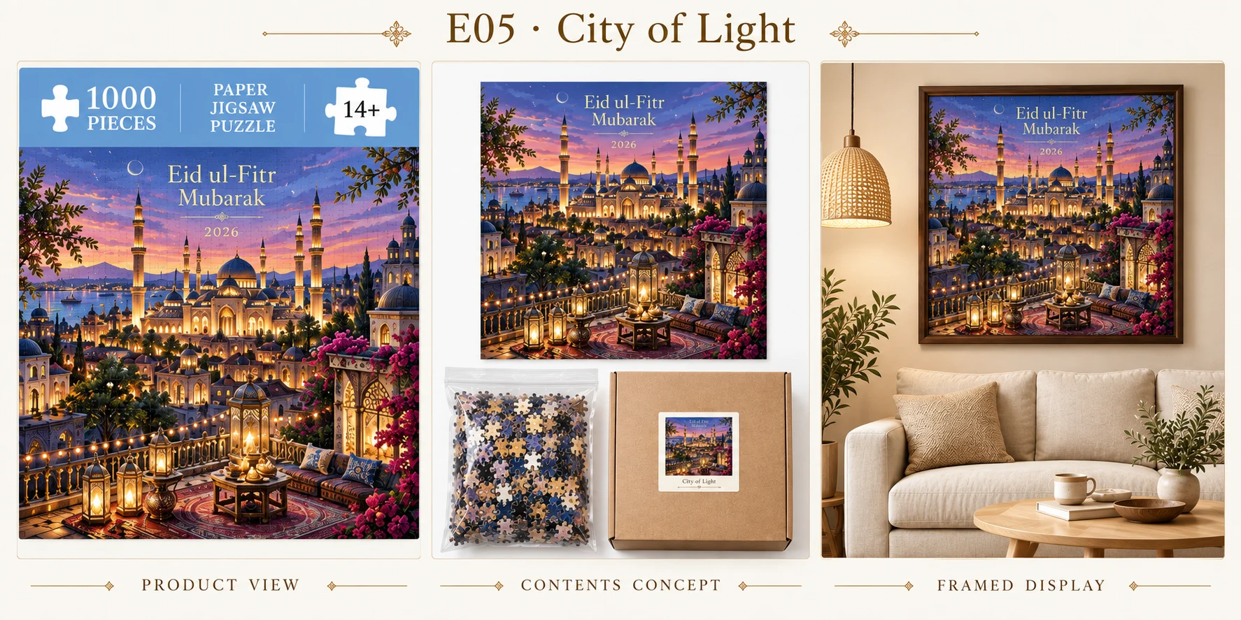 City of Light three-panel concept sheet: puzzle artwork, proposed packaging contents, and framed room display